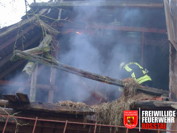 Bild 2 von 2 Mit Heugabeln bewaffnet warfen die beiden Feuerwehrm&auml;nner mit Atemschutz (ganz oben) das gl&uuml;hende Heu in das Stockwerk darunter. Oben in der Mitte ist ein Glutnest zu sehen.