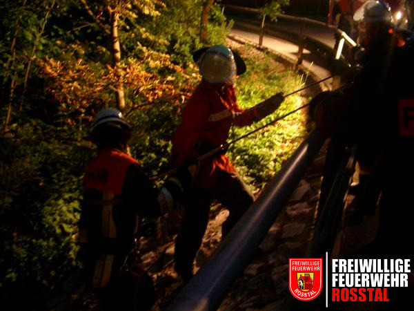 Bild 12 von 19 11. Einsatz: Eine Person soll einen Hang hinuntergest&uuml;rzt sein. Zwei Feuerwehrm&auml;nner seilen sich ab.